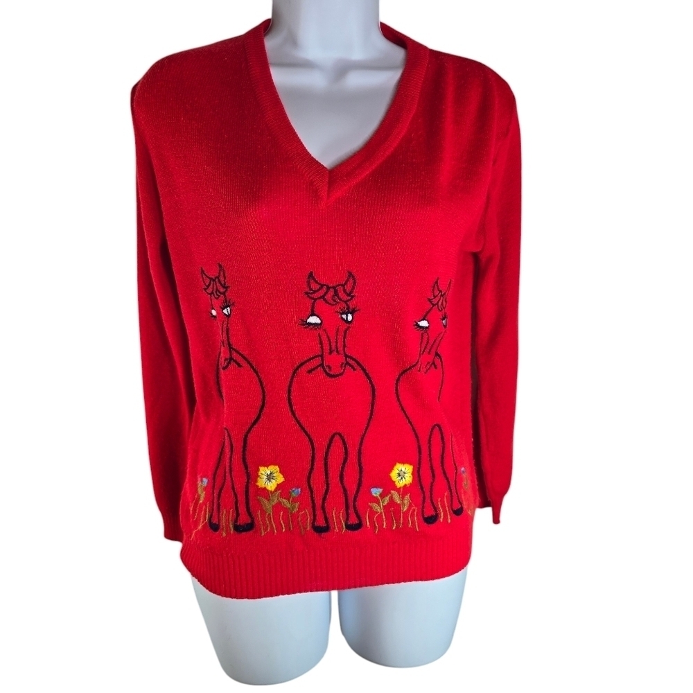 Vtg 70s red embroidered novelty equestrian cute horses v neck sweater reed hill - Picture 2 of 11